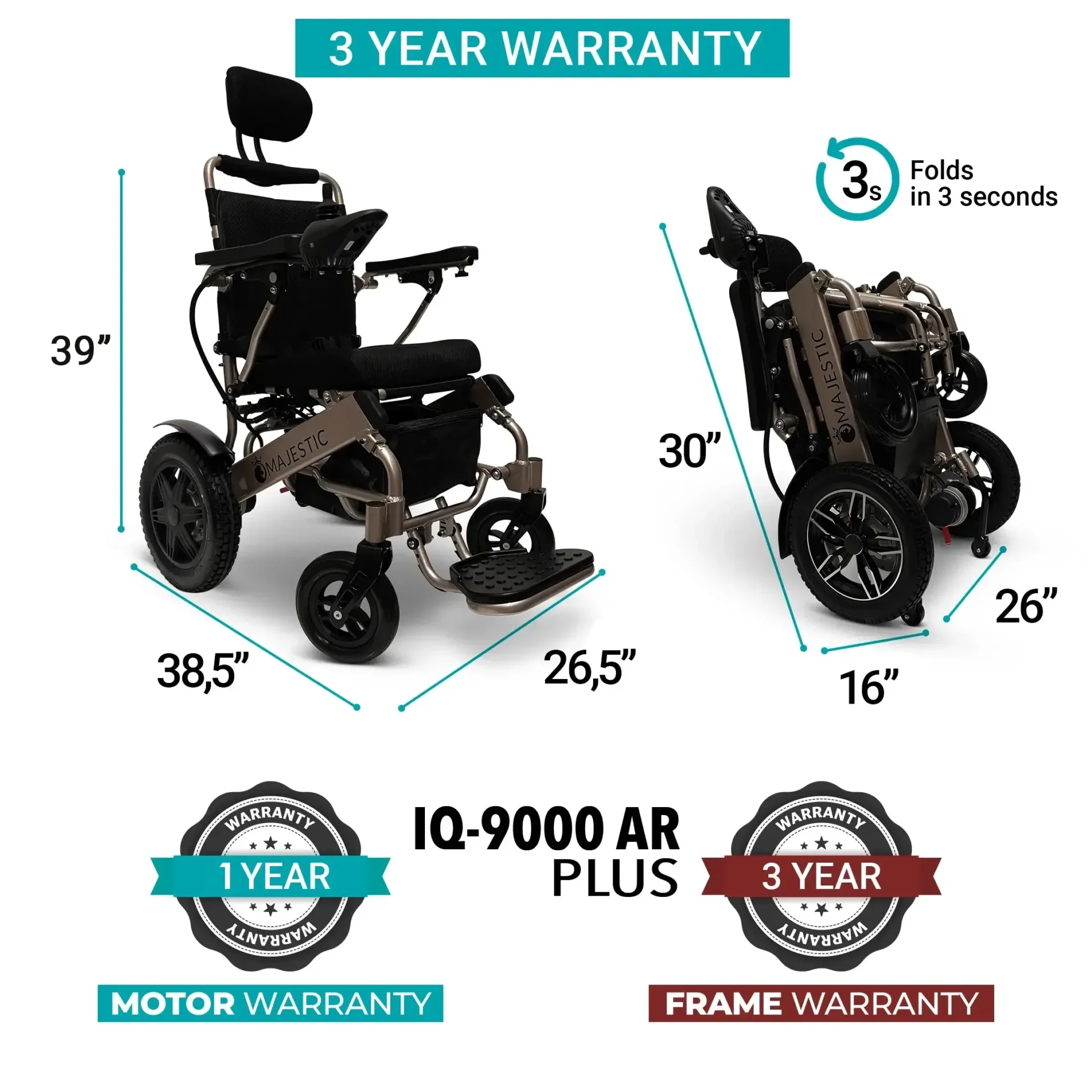 Motorized wheelchair with 3-year warranty and foldable design for easy transport.