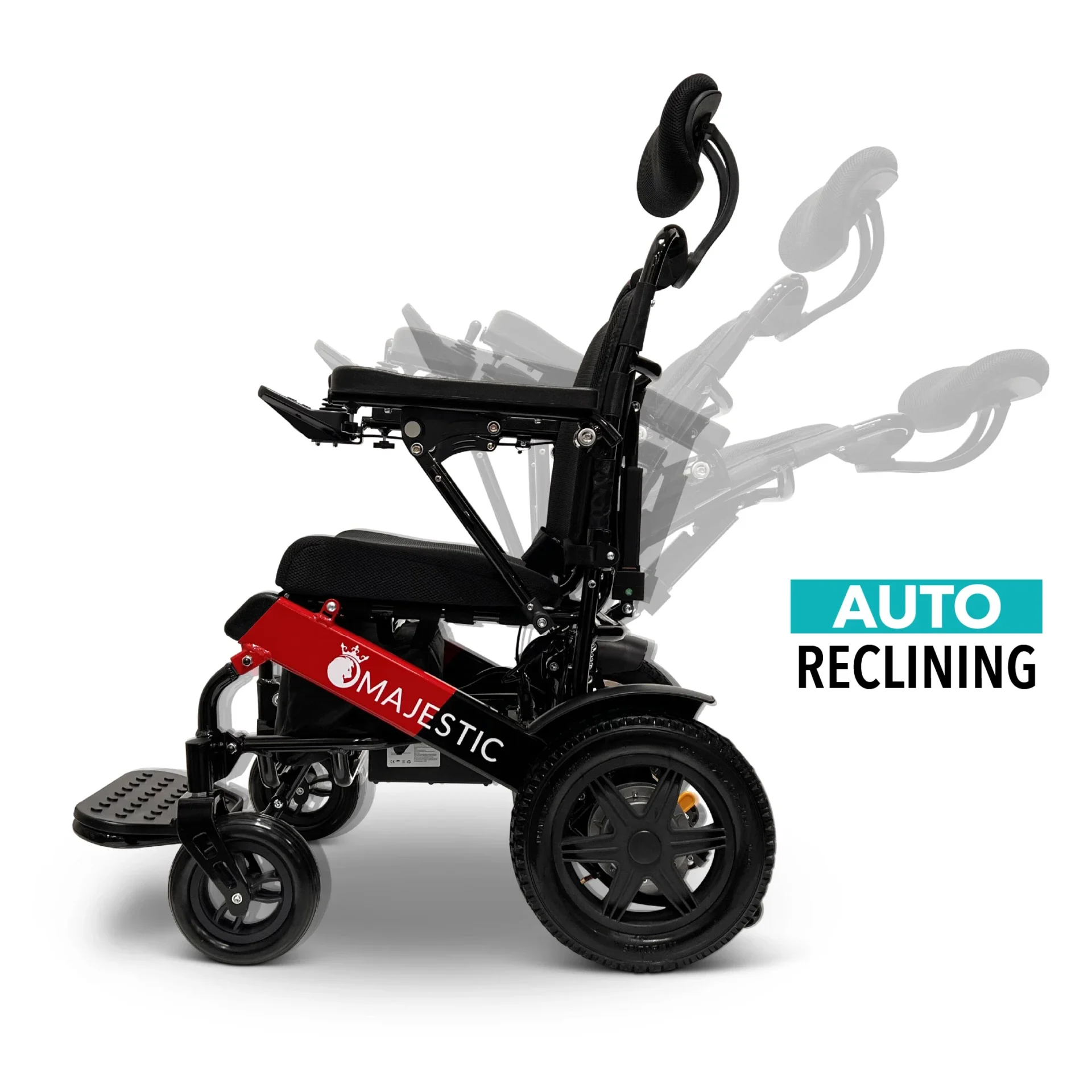 Black and red auto-reclining wheelchair in multiple positions.