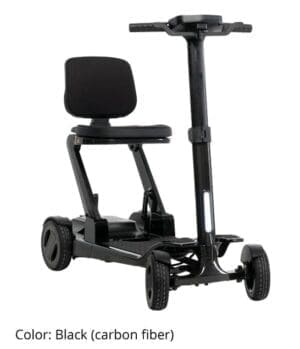 Compact black mobility scooter with a seat and handlebar.