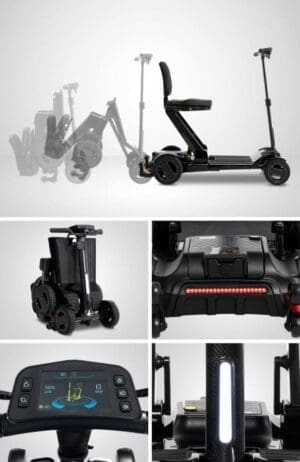 A foldable electric scooter shown in various folded and unfolded states.