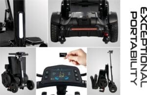 Compact foldable electric wheelchair with ergonomic controls and easy portability.