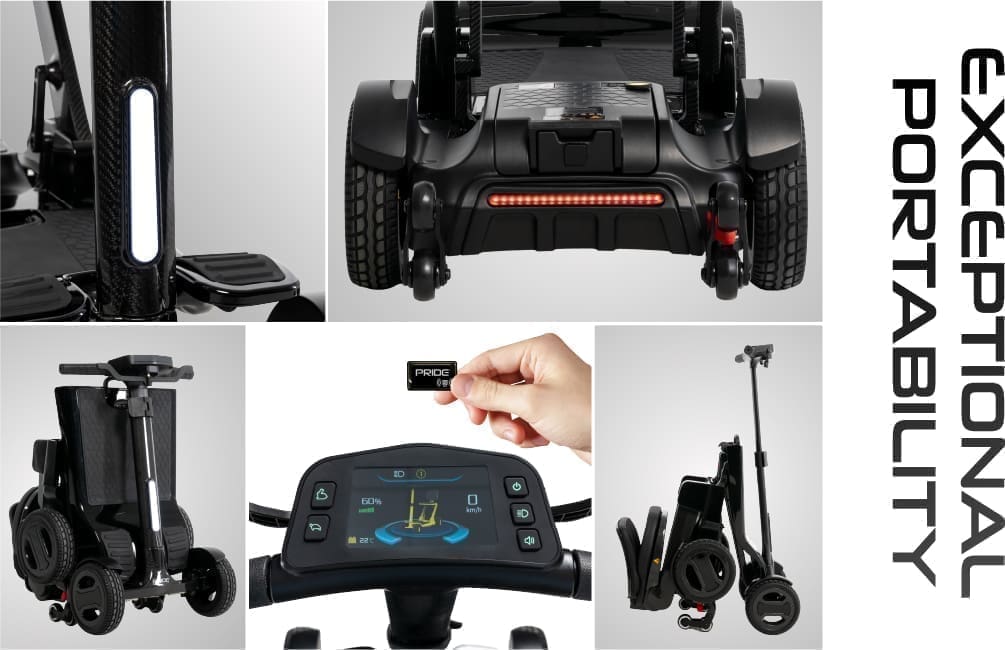 Compact foldable electric wheelchair with ergonomic controls and easy portability.