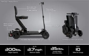 Foldable electric scooter with 7.6 Ah battery and 35 lbs weight.