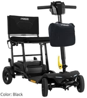 Compact black mobility scooter with a padded seat and front storage bag.