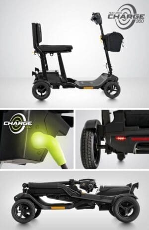 Compact black electric scooter with foldable design and safety lights.