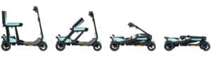 Foldable electric scooter in two configurations: upright and folded.