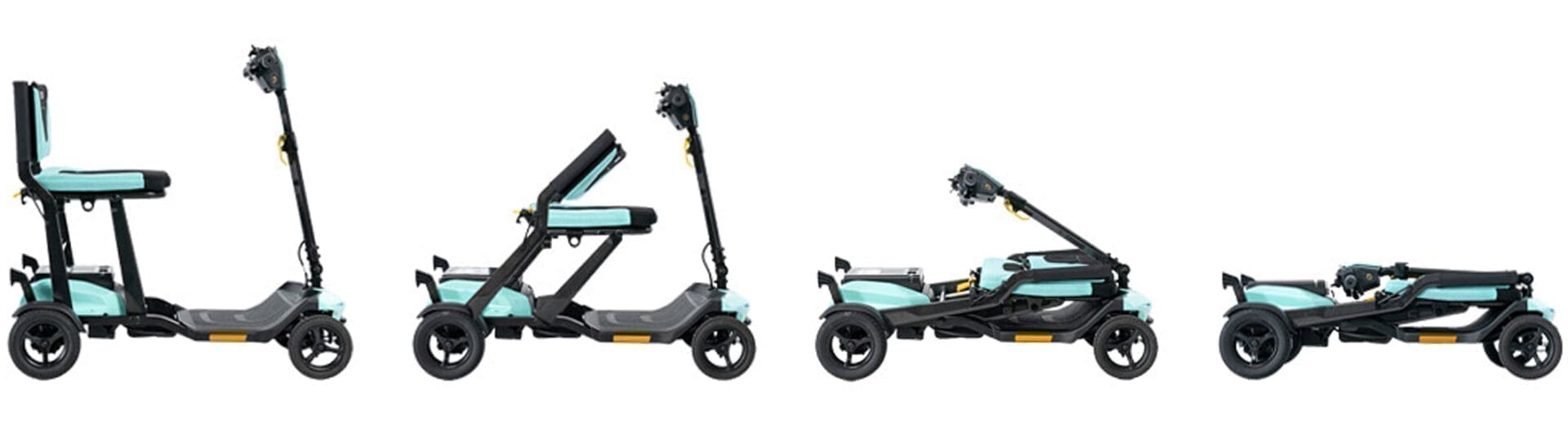 Foldable electric scooter in two configurations: upright and folded.