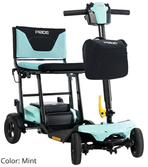 Foldable electric mobility scooter with seat and storage bag.