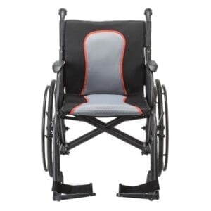 A modern wheelchair with a padded seat and backrest.