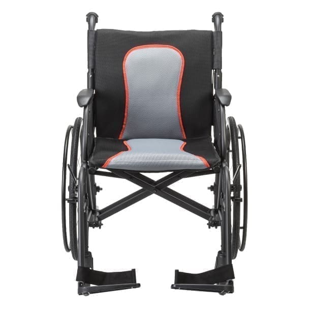 A modern wheelchair with a padded seat and backrest.