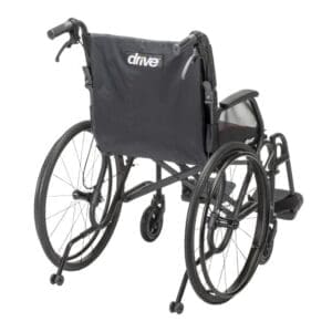 A lightweight, foldable wheelchair with black fabric and metal frame.