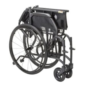 Folded black wheelchair ready for transport or storage.