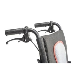 Close-up of black scooter handlebars with brake levers and a padded front panel.