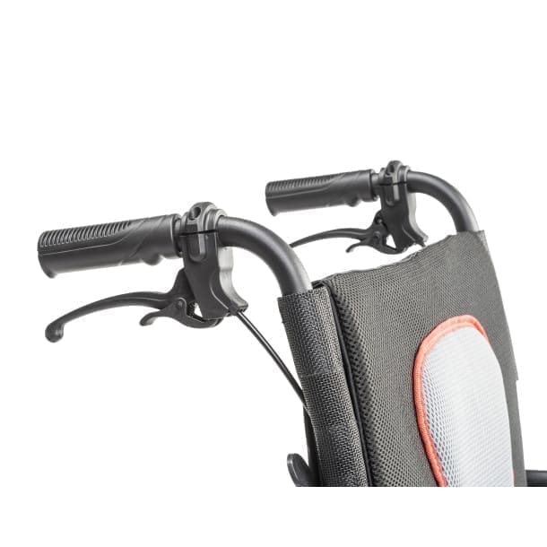 Close-up of black scooter handlebars with brake levers and a padded front panel.