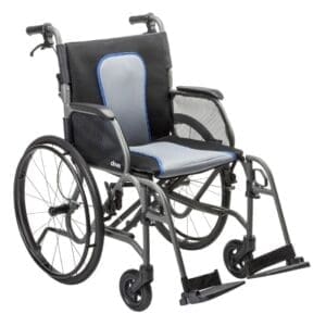Black and silver manual wheelchair with cushioned seat and footrests.
