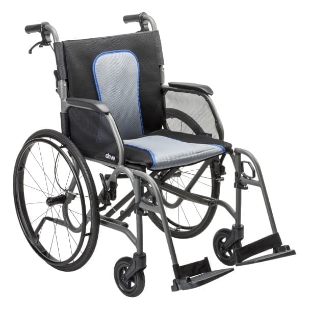 Black and silver manual wheelchair with cushioned seat and footrests.