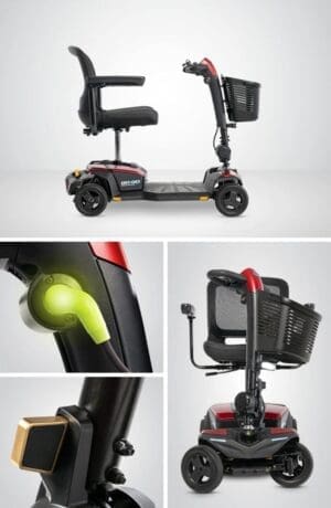 Compact electric scooter with seat, basket, and safety lights.