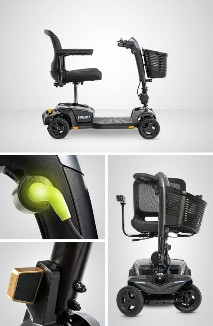 Compact electric scooter with a seat, basket, and safety features.