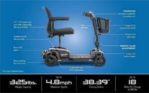 Electric mobility scooter with ergonomic design and detailed specifications.