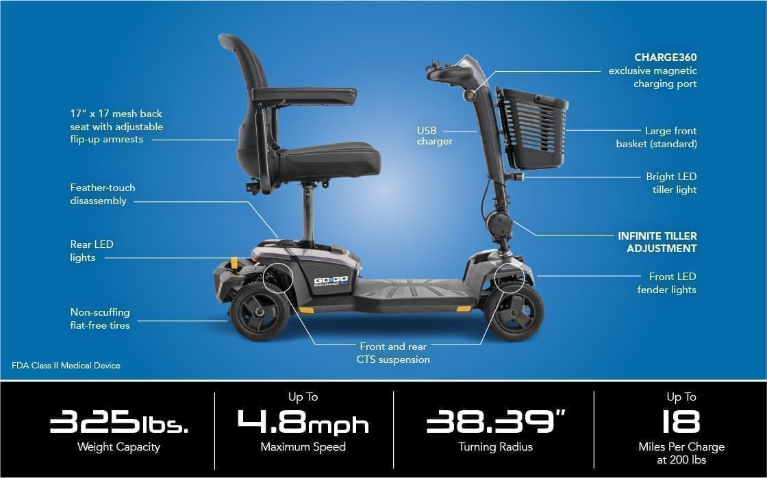 Electric mobility scooter with ergonomic design and detailed specifications.