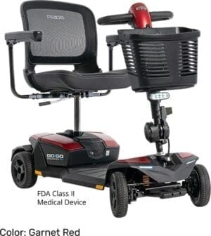A sleek, black four-wheel mobility scooter with a front basket and adjustable armrests.