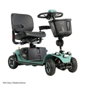 A green mobility scooter with a black seat and front basket.