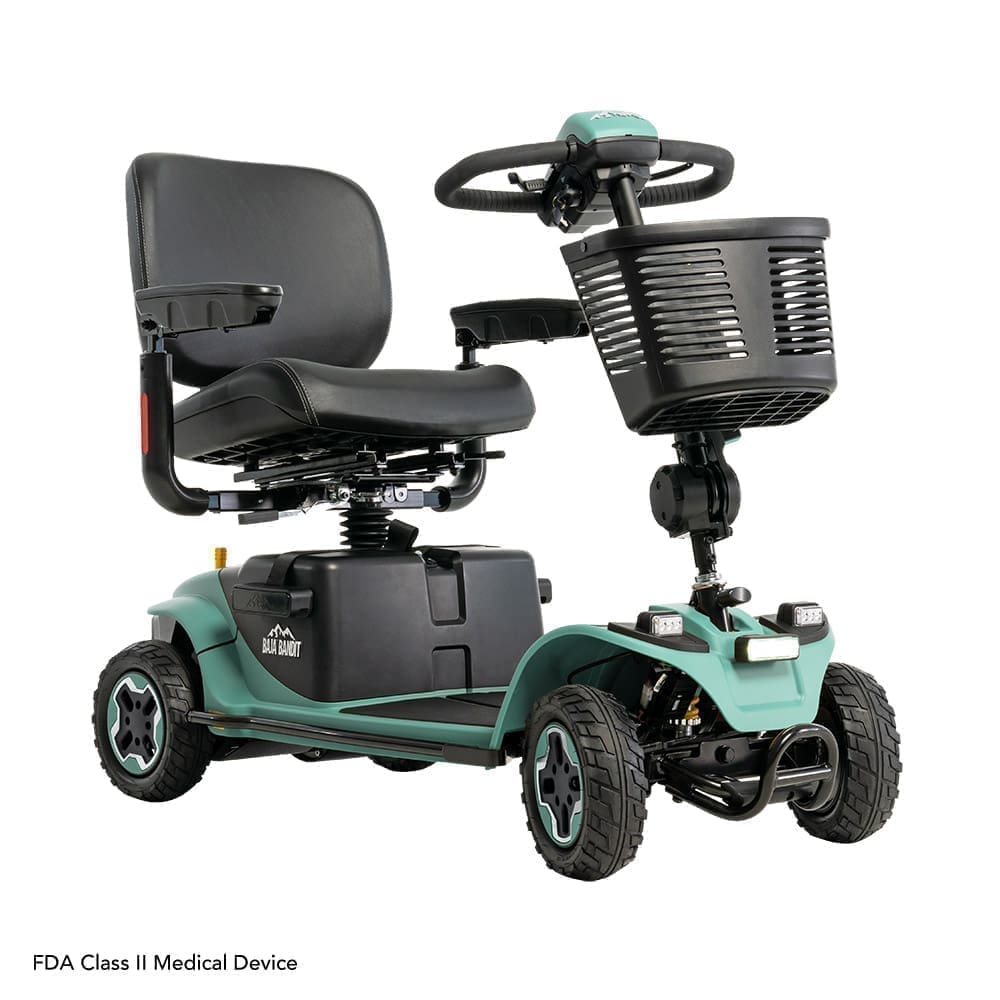 A green mobility scooter with a black seat and front basket.