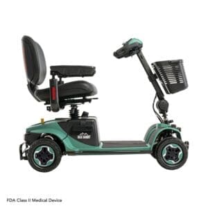Four-wheeled mobility scooter with padded seat and basket.
