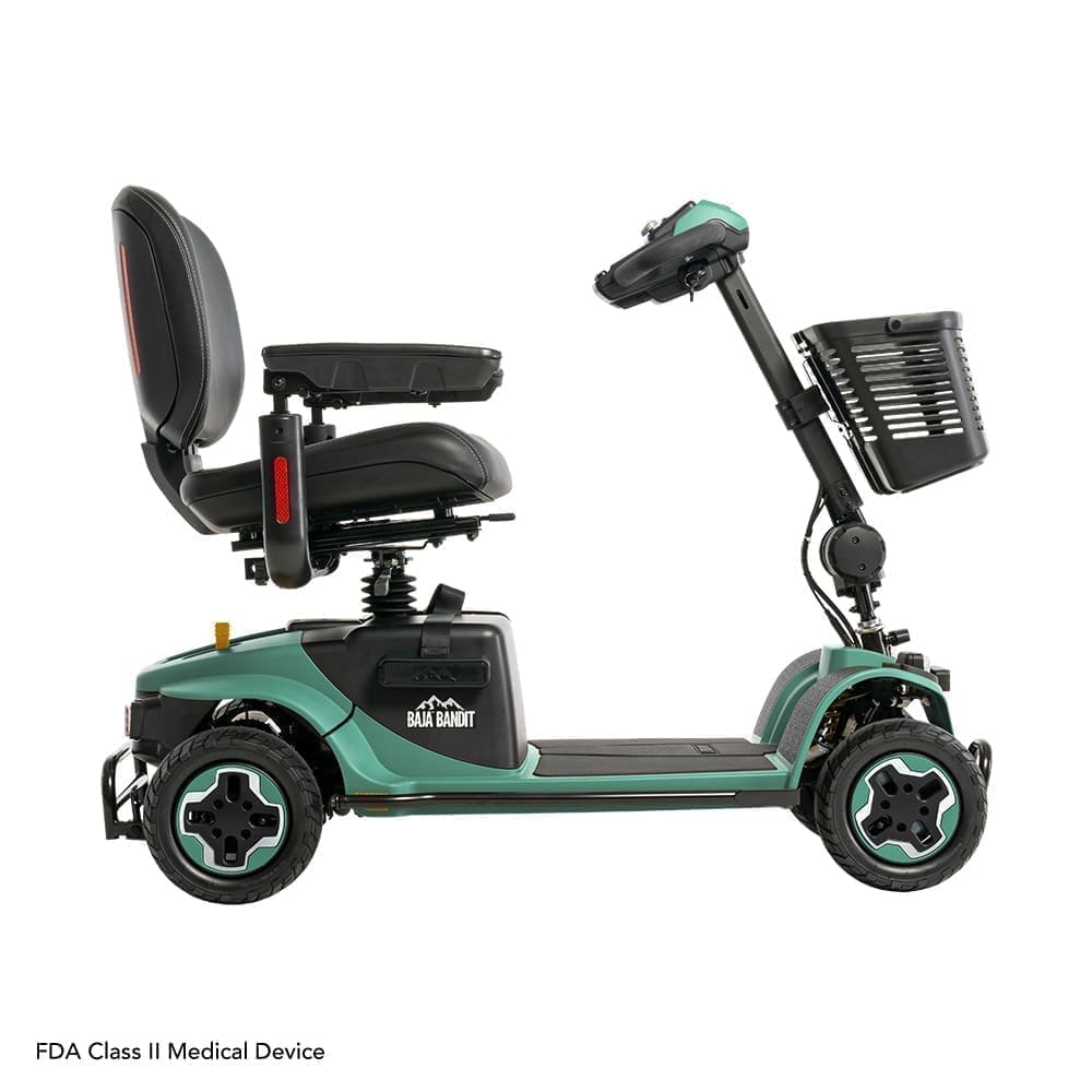 Four-wheeled mobility scooter with padded seat and basket.