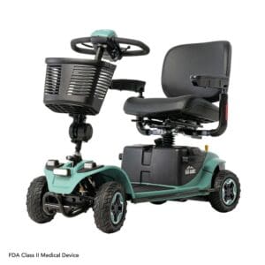 A mint green medical scooter with a basket and adjustable seat.