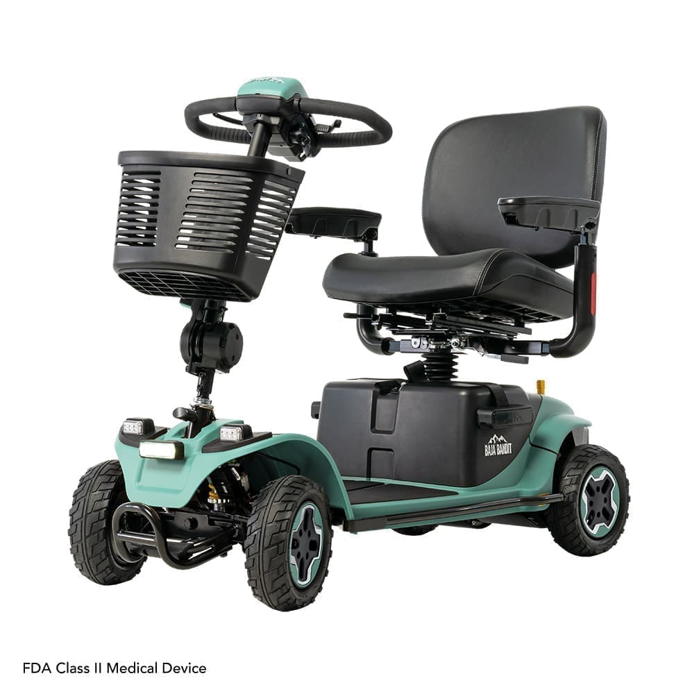 A mint green medical scooter with a basket and adjustable seat.