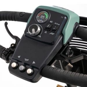 Close-up of a modern bike handlebar control panel with buttons and a display.