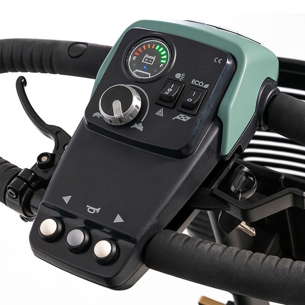 Close-up of a modern bike handlebar control panel with buttons and a display.