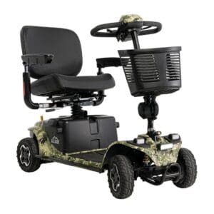 Compact mobility scooter with camouflage design and front basket.