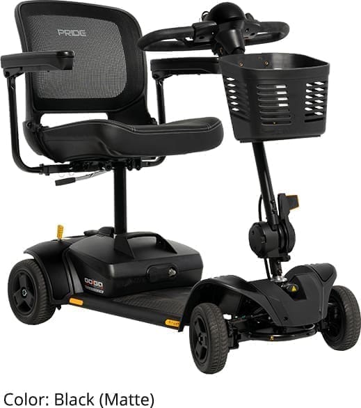 Compact black mobility scooter with basket and adjustable seat.