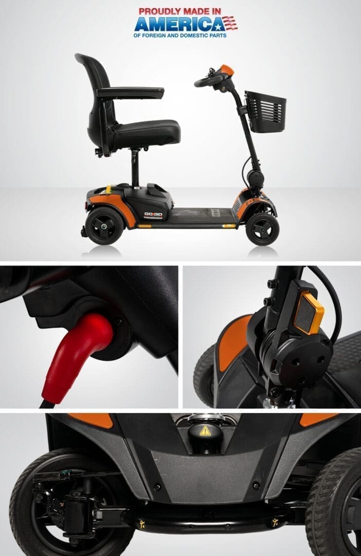 Compact orange and black mobility scooter with safety features.