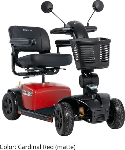 Compact red mobility scooter with black seat and basket.