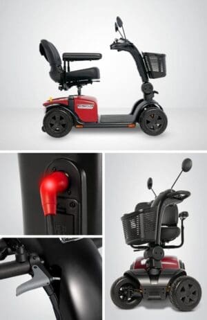Compact red mobility scooter with black seat and adjustable features.