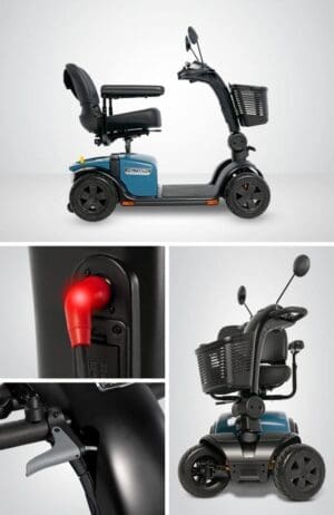 A compact blue mobility scooter with a comfortable seat and rearview mirrors.