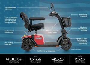 Compact red mobility scooter with ergonomic seat and front basket.