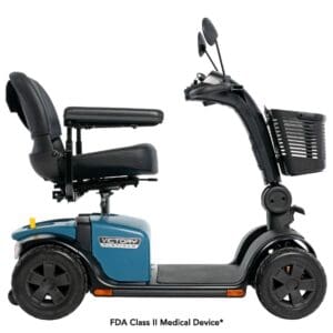 Four-wheel electric mobility scooter with seat and basket.