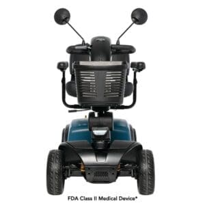 Front view of a blue mobility scooter with black handles and a basket.