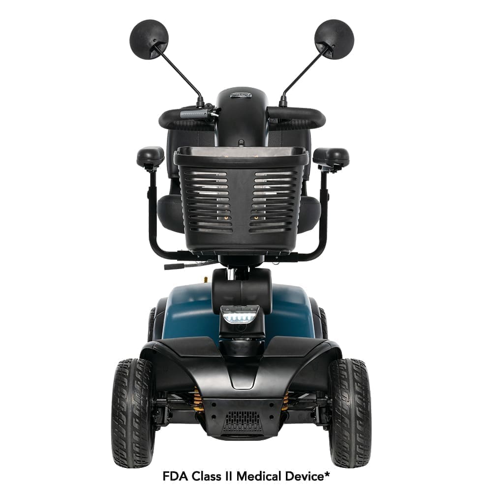 Front view of a blue mobility scooter with black handles and a basket.