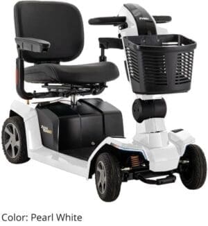 A white mobility scooter with a basket and comfortable seat.