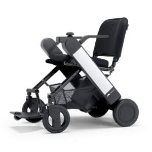 Modern electric wheelchair with sleek design and large wheels.