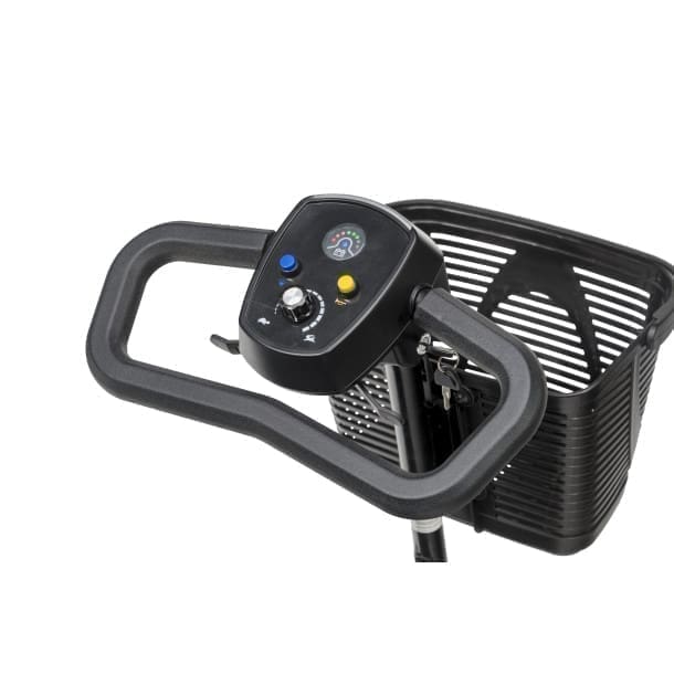 Close-up of a black wheelchair joystick controller with a basket.