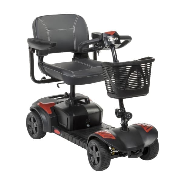 Compact four-wheeled mobility scooter with basket and padded seat.