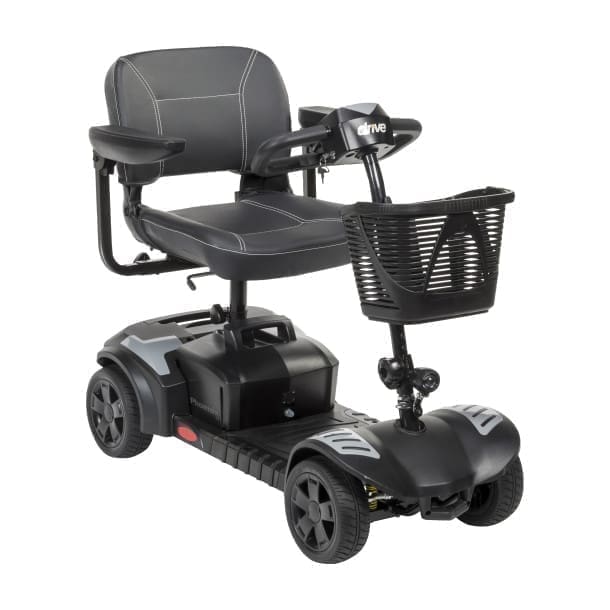 A black four-wheeled mobility scooter with a basket and cushioned seat.
