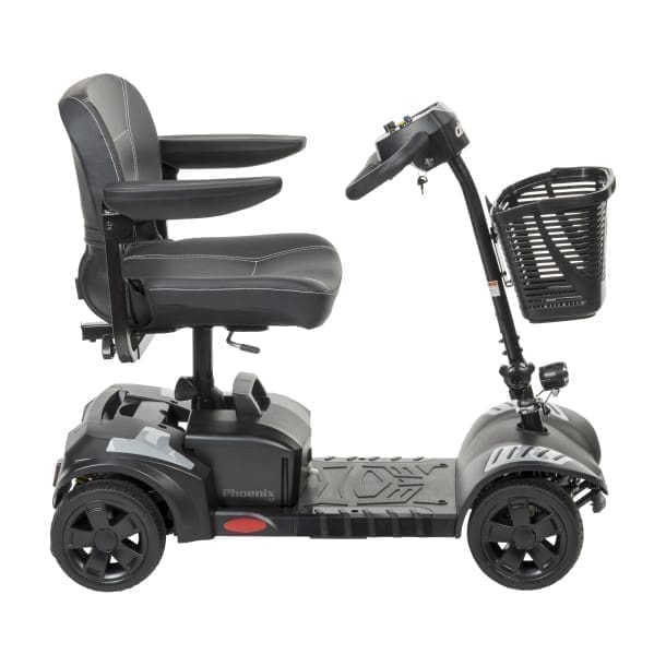 Compact four-wheel electric mobility scooter with basket.