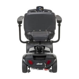 Front view of a black mobility scooter with handlebars and a seat.